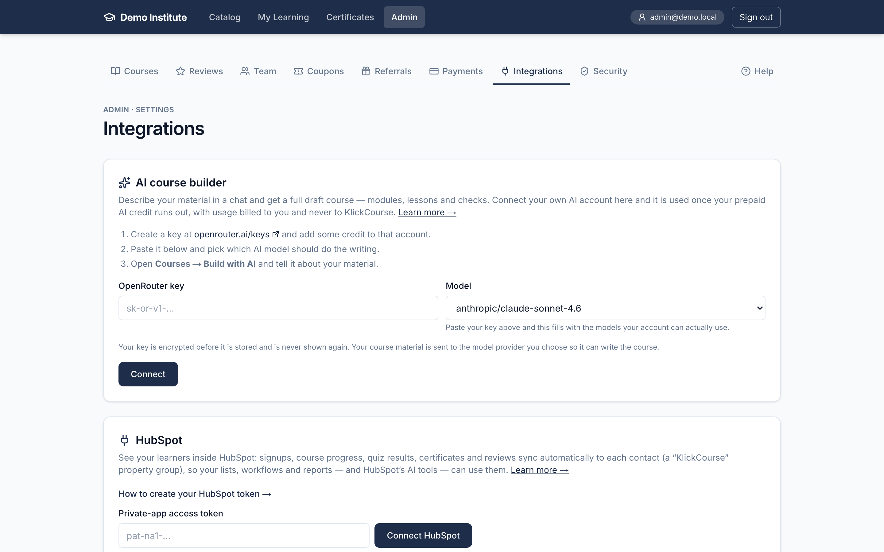 The Admin → Integrations page showing the HubSpot connection card