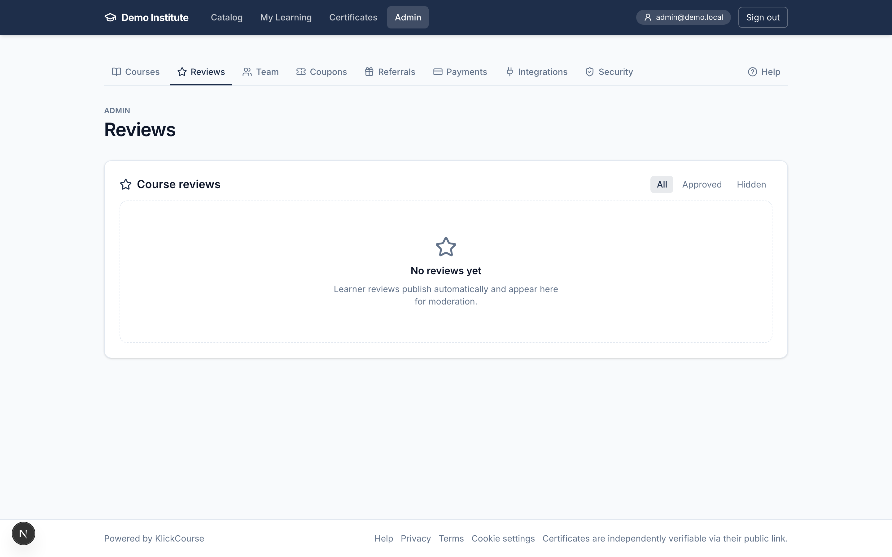 The Admin → Reviews moderation page