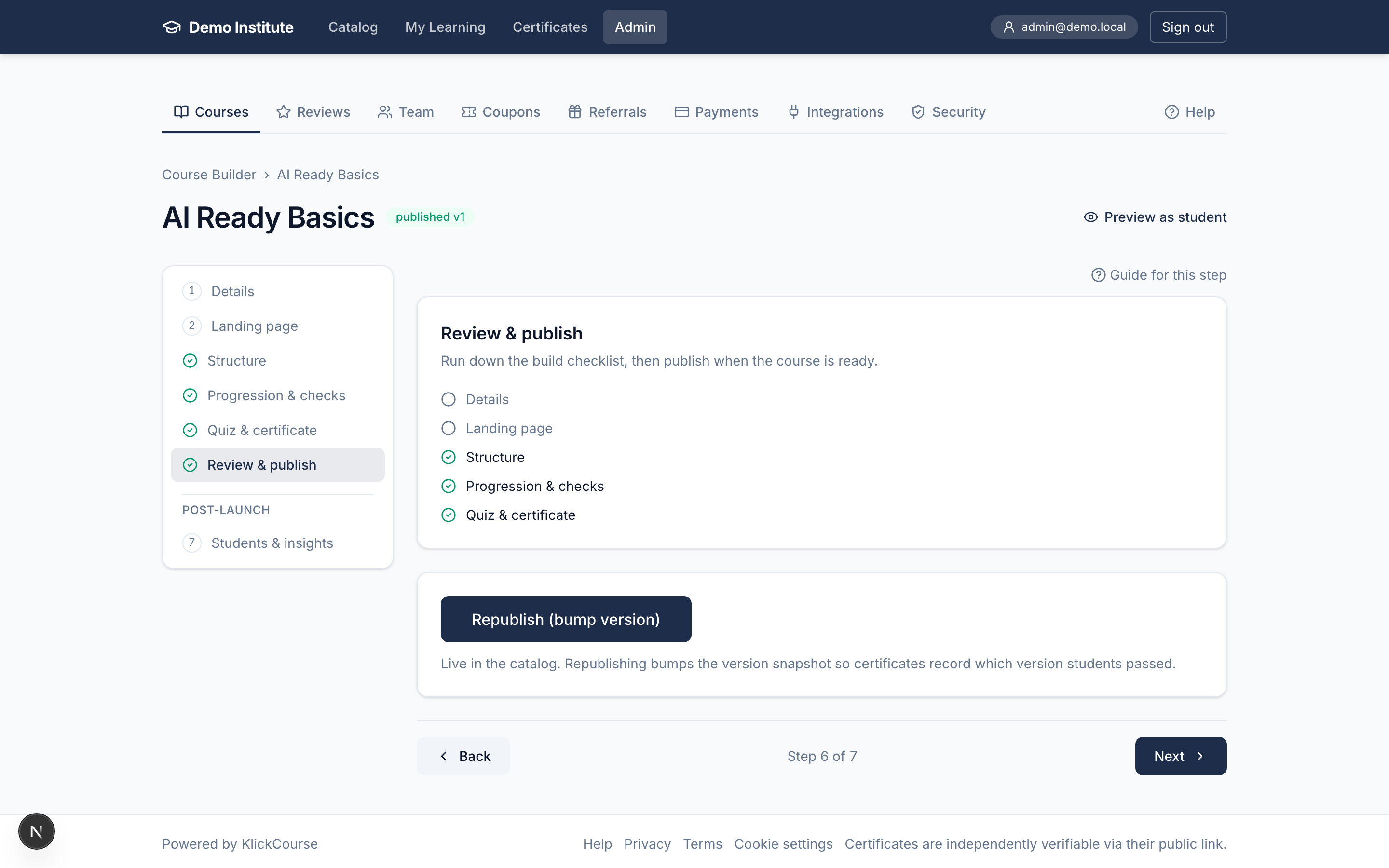 The Review & publish step with the checklist and publish button
